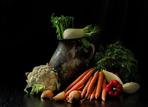 Still life with vase and vegetables by Jan van der Linden