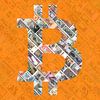 "Bitcoin over bills" - Bitcoin kunst - logo achter oude, opgeschorte bankbiljetten van Roger VDB