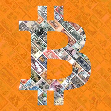 "Bitcoin over bills" Bitcoin art - Logo hinter alten, aufgehängten Banknoten