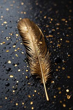 Gold Feather with Droplets on Black by De Muurdecoratie