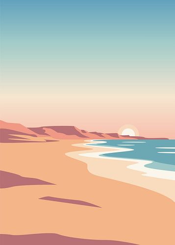 Minimalistische, platte vectorillustratie van een rustig zandstrand en kustkliffen bij zonsondergang.
