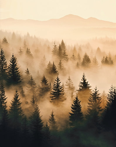 Mystical sunrise in the autumn forest