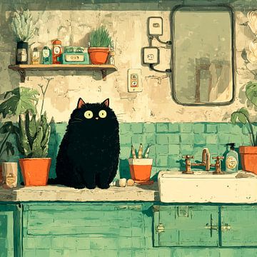 Secret place at the sink - Black cat in the quiet bathroom by Erika Kaisersot