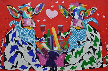 Koeien aan de picknick van Kunstenares Mir Mirthe Kolkman van der Klip