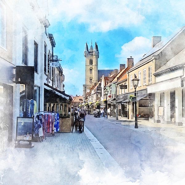 Watercolour on canvas of the Belfry and the cosy shopping centre of Sluis, Zeeuws-Vlaanderen by Danny de Klerk