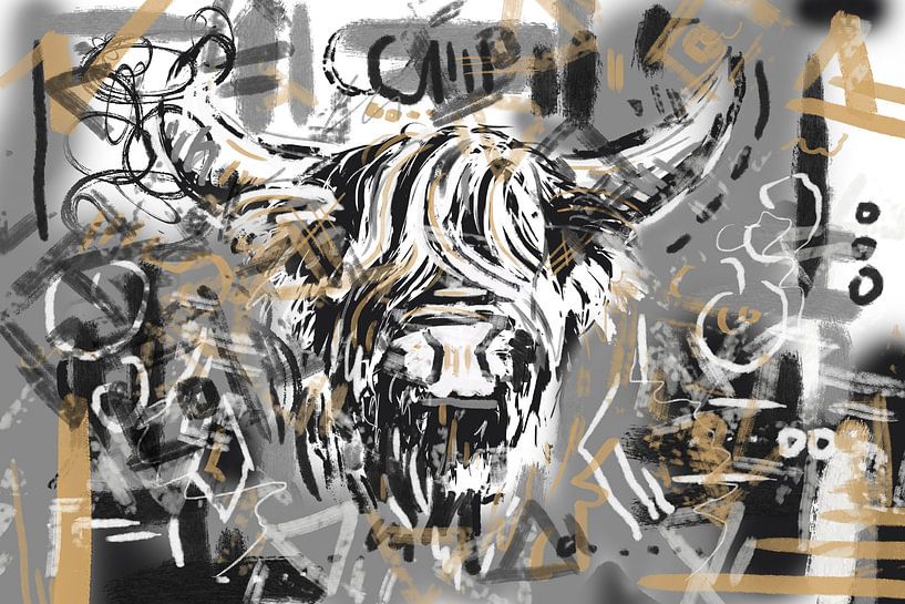 Street art stijl schotse hooglander kop van Emiel de Lange