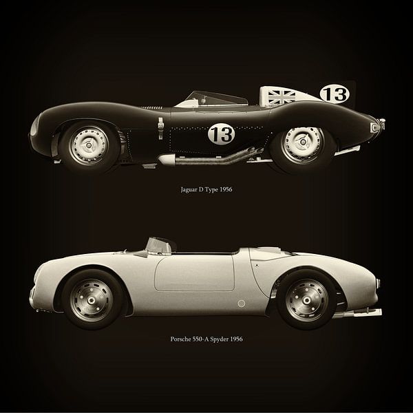 Jaguar D Type 1956 en Porsche 550-A Spyder 1956 van Jan Keteleer