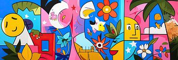 Glimlachende Zon | Kleurrijke Zon en Tropische Bloemen van OMG Art