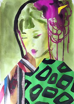 Geisha in Green Kimono van Helia Tayebi Art