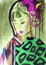 Geisha im Grünen Kimono von Helia Tayebi Art Miniaturansicht