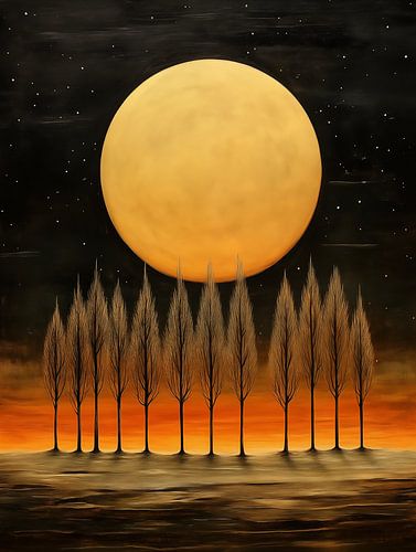 Gigante maan en bomen in de nacht