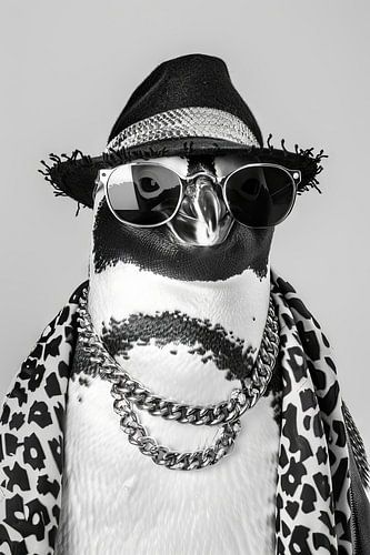 Pingouin en noir et blanc avec chapeau et lunettes