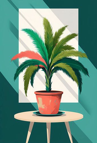 Levendige binnenpalm in een terracotta pot: een studie in contrasterende kleuren en geometrische schaduwen