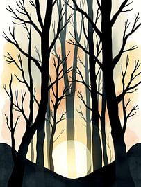 Dämmerung's Umarmung: Ein scherenschnittartiger Wald's Serene Glow von Artistic