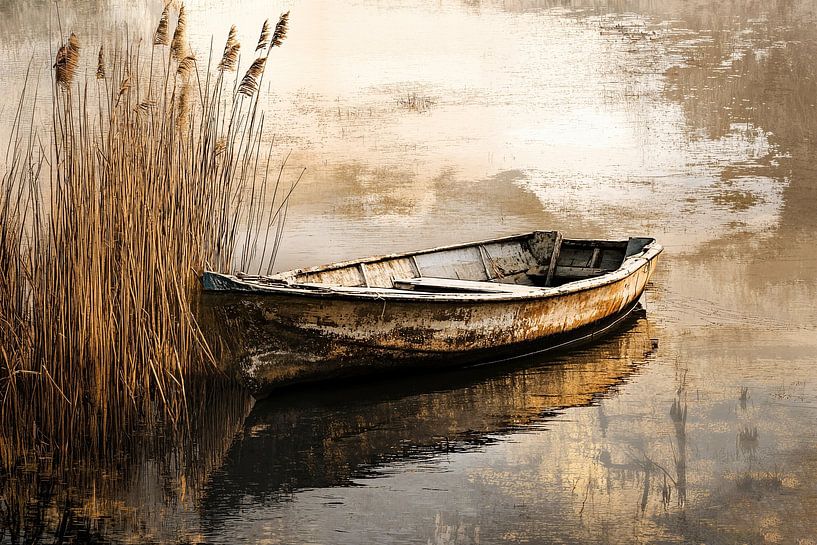 Altes Fischerboot bei Schilf von Art & Soul Creations