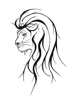 Zwart-wit tekening van leeuwenkop met lange manen van Wandersti