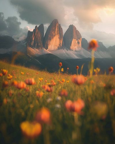 Alpine panorama over flower meadow
