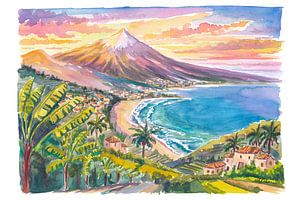 Der goldene Teide über dem üppigen Orotava-Tal und der ruhigen Küste Teneriffas