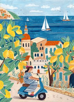 Reis poster vrouw aan de Amalfi kust, Italie van Caroline Bonne Müller