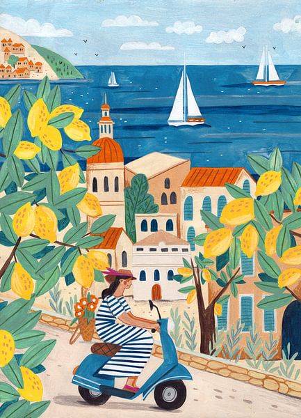 Reiseplakat Frau an der Amalfiküste, Italien von Caroline Bonne Müller