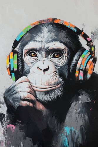 Chimpansee met kleurrijke hoofdtelefoon
