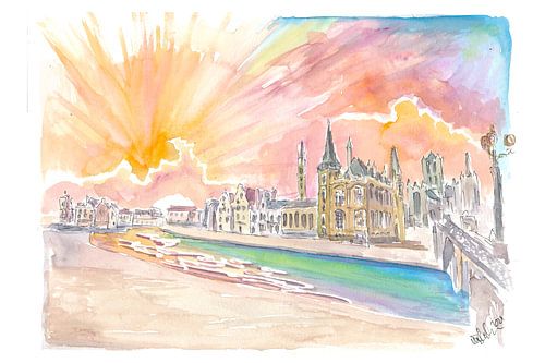 Gand Belgique Centre-ville historique avec coucher de soleil