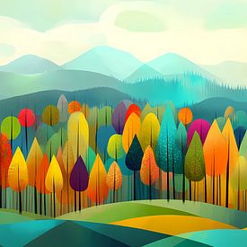 Kleurig bos en heuvels naïeve kunst, herfst van Jan Bechtum