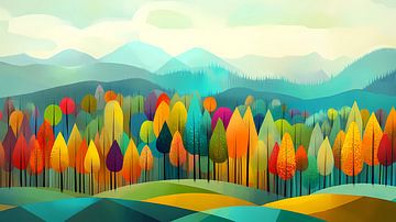 Forêt et collines colorées, art naïf, automne