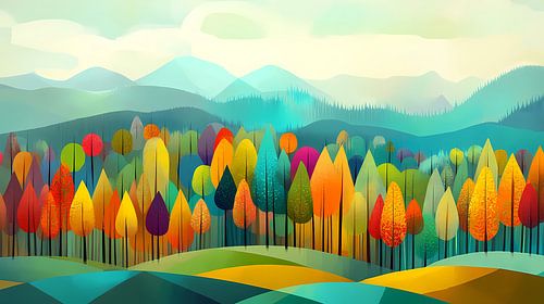 Kleurig bos en heuvels naïeve kunst, herfst van Jan Bechtum