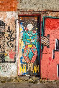 Smalle deur in fabriekspand met graffiti
