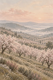 Spring Awakening: Blooming Almond Orchard on Misty Hills by Alfonz