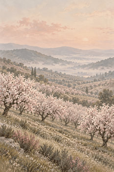 Spring Awakening: Blooming Almond Orchard on Misty Hills