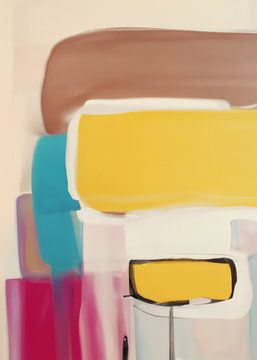 Modern abstract in geel, bruin, blauw en roze van Studio Allee