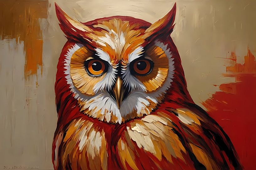 Impressionistische Eule in Gold und Rottönen von Art & Soul Creations