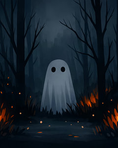 Kleiner Geist im dunklen Wald mit Halloween Zauber