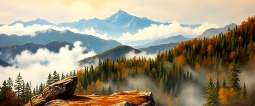 Bergen in het nevelwoud - Een rustig uitkijkpunt tussen herfstig gemengd bos, ademende mist en ruige toppen in het veranderende licht van de alpine uitgestrektheid