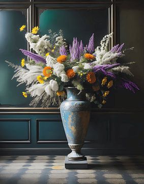 Vaas met bloemen tegen achtergrond van groene lambrisering van Hans Dubbelman
