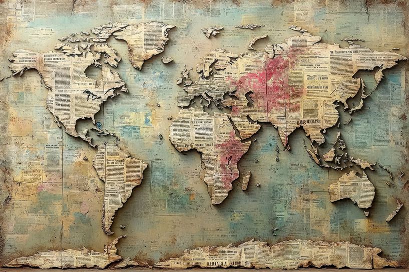 Collage, mixed media painting, world map, earth tones, beige, brown, and light blue by BowiScapes abstract and digital art