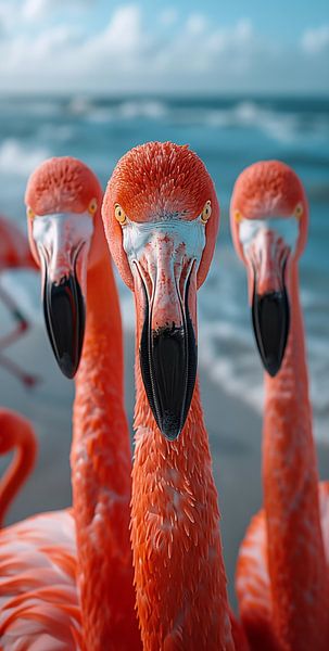 3 Flamingo&#039;s close up standing panorama by TheXclusive Art