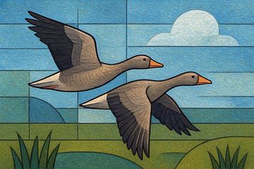 Geometrische Illustration fliegender Gänse. von Galerie Hoppenbrouwers
