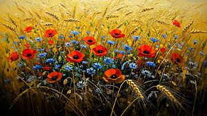 Goldenes Weizenfeld mit Mohnblumen und Kornblumen