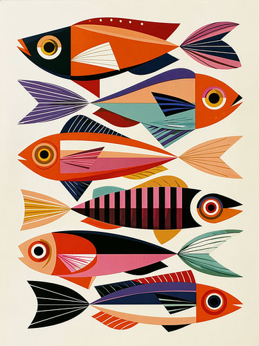 Kleurrijke vissen in retro stijl