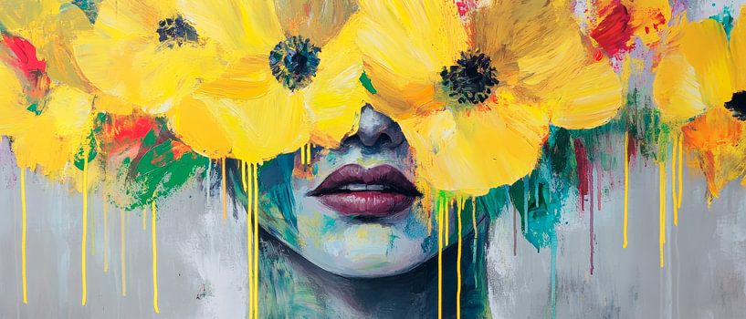 Gesicht mit Blumenkranz in leuchtend Gelb von Poster Art Shop