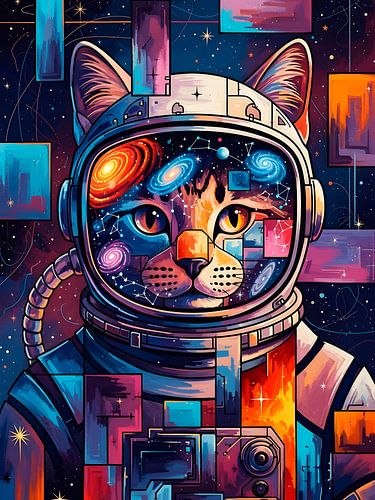 Kat Astronaut met Galactisch Vizier: Een kleurrijke pop-art