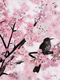 Oiseau dans un cerisier en fleurs