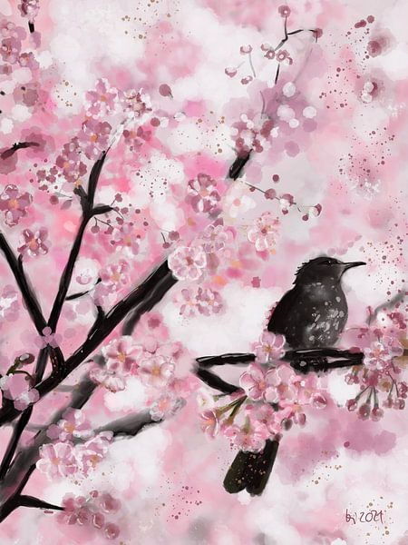 Oiseau dans un cerisier en fleurs par Ingrid Leibold