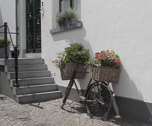 Stadsbeeld van oude fiets met bloemen (Nederland) van Birgitte Bergman