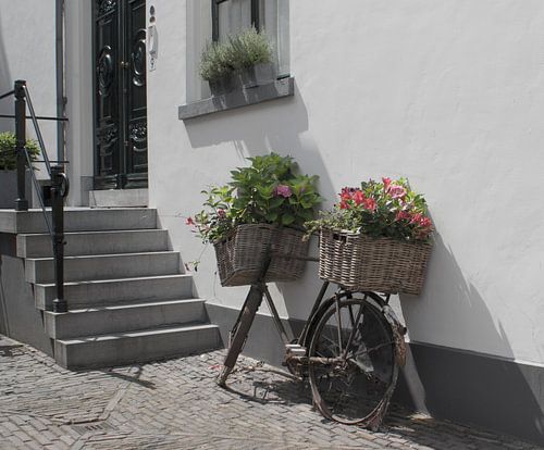 Stadsbeeld van oude fiets met bloemen (Nederland)