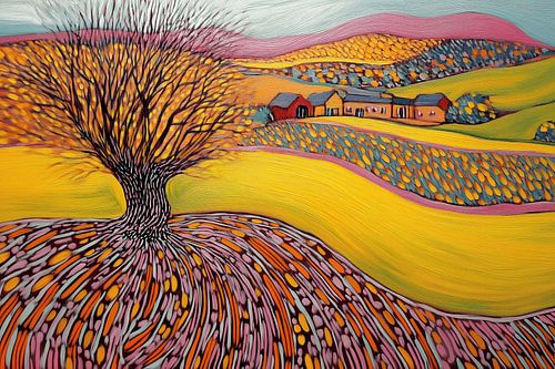 Kleurrijk landschap in pointillistische stijl