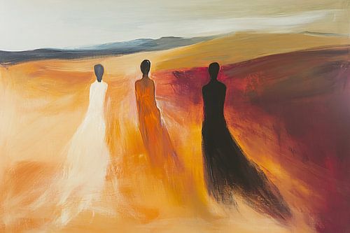 Abstracte silhouetten in een warm landschap